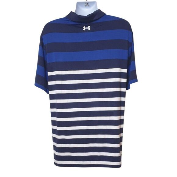 Under Armour Mens Polo 2XL Blue White Playoff 3.0 Golf Shirt Striped Loose Fit - Picture 4 of 8